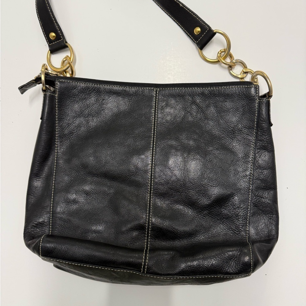 Kate Landry Black Leather Shoulder Bag with Dual Front Pockets & Gold Hardware - Picture 3 of 7